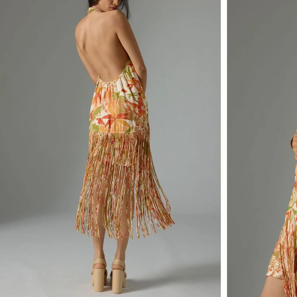 FARM Rio Tropical Fringe leopard forest sand Mini Dress - Picture 3 of 8